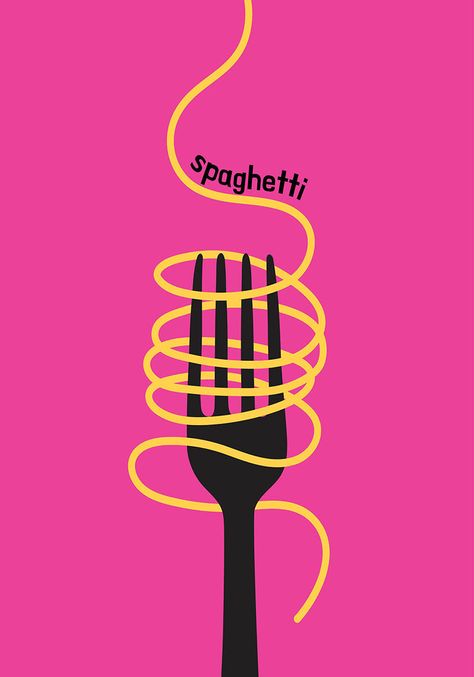 Fork twirling spaghetti against a bright pink background in a minimalist poster design Pasta Cups, Spaghetti Illustration, Fork Illustration, Italian Illustration, Pasta Illustration, Spaghetti Poster, Spaghetti Art, Spaghetti Design, Pasta Packaging