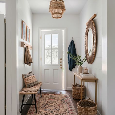 A modern bohemian home filled with warm tones and unique textures 🧡 Is this your vibe? White Boho House, Earth Tone Entry Way, Modern Boho House, Boho Entryway, Modern Bohemian Home, Unique Textures, Boho Modern, Boho House, Entry Way