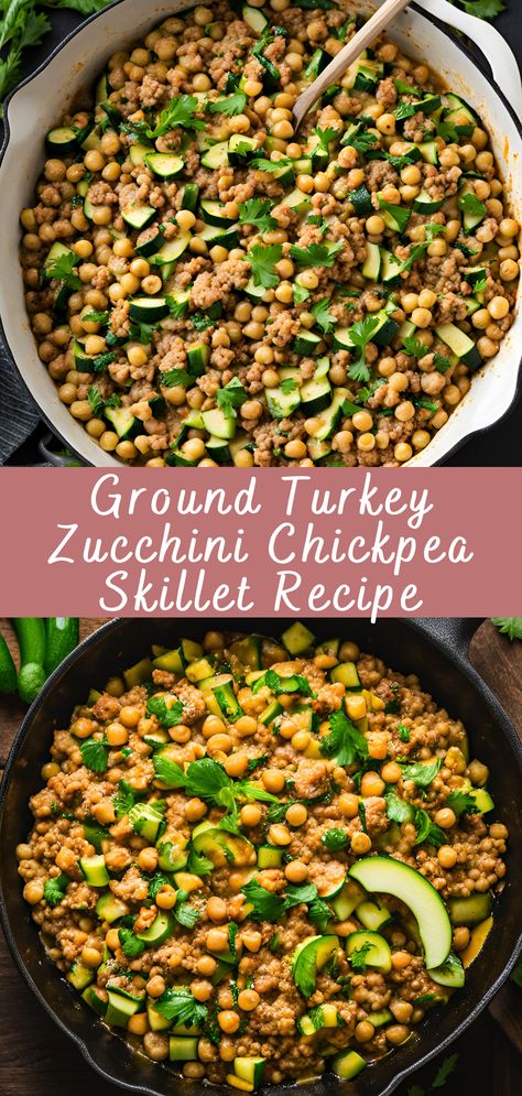 Looking for a healthy, protein-packed, and flavorful dish that’s ready in under 30 minutes? This Ground Turkey Zucchini Chickpea Skillet is the answer! This easy one-pan meal combines lean ground turkey with tender zucchini, hearty chickpeas, and a medley of aromatic spices. It's perfect for busy weeknights when you want something nutritious without spending hours in the kitchen. Ground Turkey With Chickpeas, Healthy Ground Turkey Skillet Recipes, Ground Turkey Chickpea Recipe, Zucchini And Ground Turkey Recipes, Ground Turkey Meals Healthy, Ground Turkey And Lentils Recipes, Ground Turkey Mediterranean Recipes, Mediterranean Ground Turkey Recipes, Ground Turkey And Zucchini Recipes