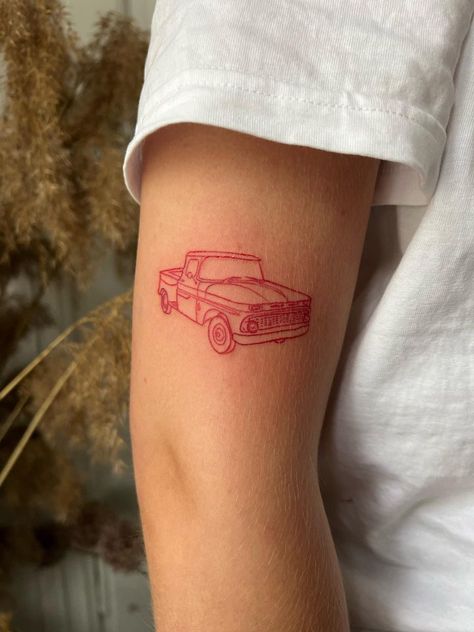 Car Wreck Tattoo, Tiny Truck Tattoo, Red Car Tattoo, Fine Line Truck Tattoo, Simple Car Tattoo Ideas, Vehicle Tattoo Ideas, Vintage Truck Tattoo, Pick Up Truck Tattoo, Simple Truck Tattoo