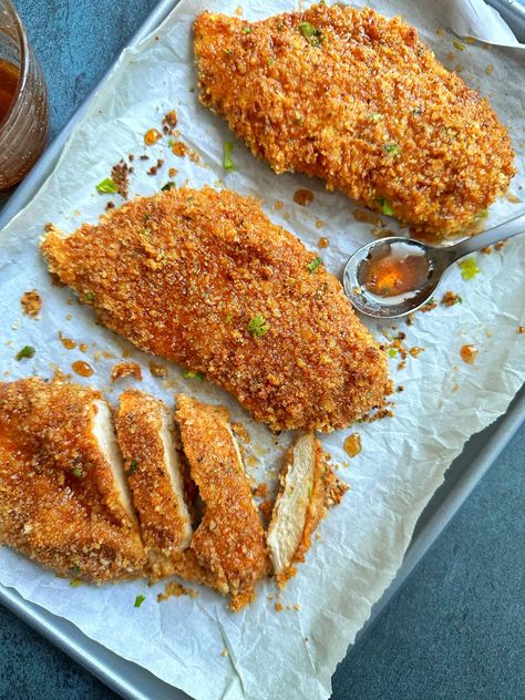 Honey Crusted Chicken, Hot Honey Chicken Flatbread, Crispy Hot Honey Chicken, Hot Honey Chicken Cutlets, Hot Honey Recipe Chicken, Baked Crunchy Hot Honey Chicken, Baked Hot Honey Chicken, Crunchy Hot Honey Chicken, Hot Honey Chicken Recipe