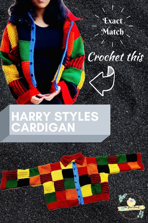 The Crocheted version of Harry Styles Cardigan or Harry Styles Sweater!. I’ve tried to match the crochet stitches to match the original knitted version!. Click the link below to see a complete tutorial of how to crochet this Cardigan! Harry Crochet Sweater, Harry Styles Sweater Crochet Pattern, Harry Styles Crochet Cardigan Pattern, Harry Styles Sweater Pattern, Harry Styles Cardigan Pattern, Matching Crochet Ideas, Crochet Harry Styles Cardigan, Harry Styles Crochet Cardigan, Cardigan Harry Styles