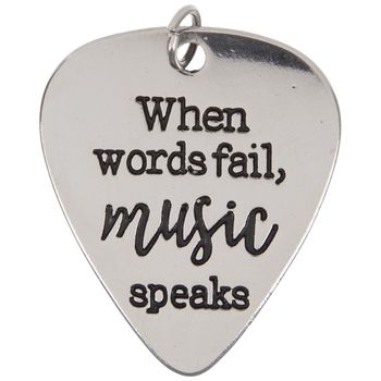 Showcase your passion for music with this guitar pick-shaped charm. Music Speaks Guitar Pick Pendant features a smooth surface with metallic shine and etched text filled in with black antiquing. The word "music" is emphasized with a cursive font, and the piece is completed with a jump ring for attaching. Use it to make a fun focal piece on your next musically-themed necklace!       Details:         Length: 1 1/4"       Width: 1"       Metal Color: Silver         Full Text: When Words Fail, Music Guitar Customization, Guitar Picks Diy, When Words Fail Music Speaks, When Words Fail, Silver Guitar, Charming Quotes, Cursive Font, Necklace Chain Lengths, Guitar Strings