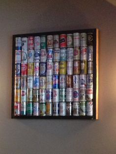 Idea to display beer can collection. Diy Beer Cans Ideas, Beer Can Recycle Ideas, Beer Can Collection Display Ideas, Beer Can Wall Art, Beer Box Crafts Wall Art, Beer Can Art, Can Collection, Beer Display, Beer Crafts