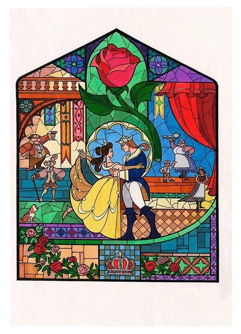 Beauty And The Beast Tattoo, Beauty And The Beast Art, Disney Stained Glass, Tattoo Disney, Deco Disney, Beauty Tattoo, Painted Glass Art, Belle Disney, Art Stained