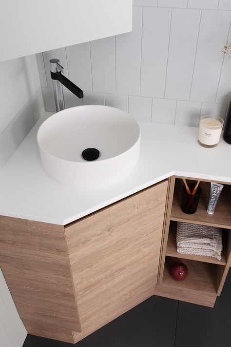 Corner Sink Bathroom Vanity, Over Counter Sink Bathroom, Small Bathroom With Corner Sink, Bathrooms With Corner Vanities, Corner Washbasin Design, Corner Bathroom Sink Cabinet, Corner Basin Cabinet, Bathroom Corner Sink Ideas, Small Corner Vanity Bathroom