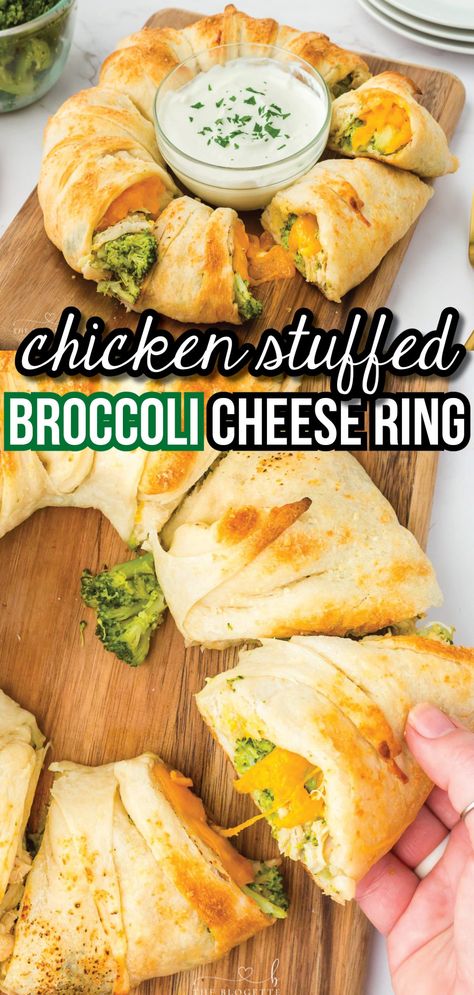 Cheesy Chicken Stuffed Broccoli Ring - It can be served as an appetizer, a lunch, a dinner, or a potluck. Store-bought pizza dough is stuffed with a cheesy chicken and broccoli filling and baked until golden brown. The Blogette, Potato Skin Bites, Cheesy Chicken And Broccoli, Restaurant Appetizers, Sweet Appetizer, Crowd Pleasing Appetizers, Chicken And Broccoli, Chicken Stuffed, Delicious Appetizer Recipes