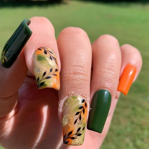 Orange And Green Nail Art, Olive Green And Orange Nails, Green And Orange Fall Nails, Orange And Green Nail Designs, Green Orange Nails, Leaves On Nails, Green And Orange Nails, Orange And Green Nails, Fall Nails Green