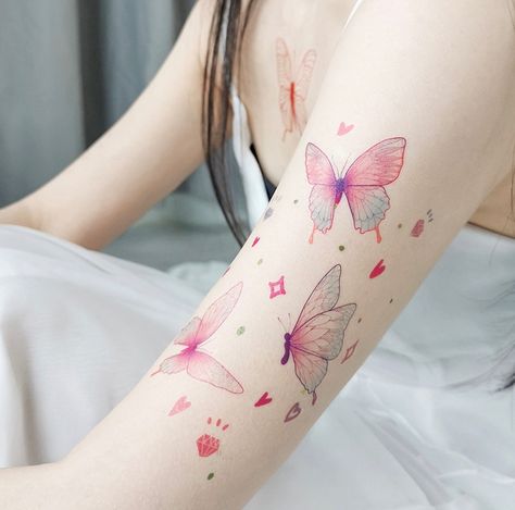 #butterflytattoos Pastel Tattoo Sleeve, Cute Colored Tattoos, Soft Girl Tattoos, Pastel Tattoos, Pastel Tattoo, Colorful Tattoos, Cute Little Tattoos, Cute Tiny Tattoos, Butterfly Tattoos