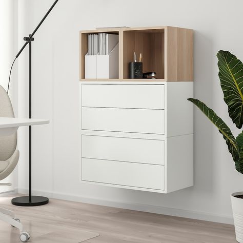 EKET Wall-mounted cabinet combination - white, white stained oak effect - IKEA Ikea Wall Mounted, Eket Ikea, Ikea Eket, Ikea Wall, Ikea Store, Painted Drawers, Stained Oak, Wall Mounted Cabinet, Diy Furniture Easy