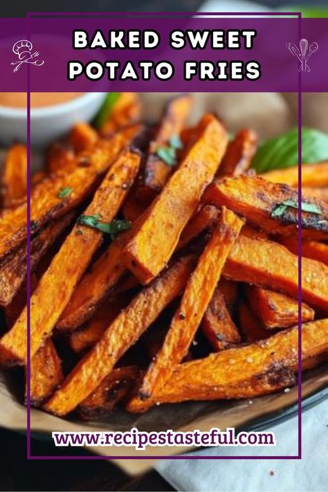 Delicious and crispy baked sweet potato fries, seasoned to perfection. A healthier alternative to traditional fries, perfect as a snack or side dish. Sweet Potato Fries Recipe, Baked Sweet Potato Fries, Sweet Potato Recipes Fries, Crispy Sweet Potato Fries, French Fried Potatoes, Paleo Sides, Sweet Potato Fries Baked, Baked Ribs, Fries Recipe