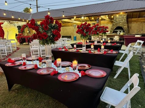 Backyard Black and Red Wedding #rentfromjen #reddrapes #blackandredwedding #redfloral #tents Black And Red Wedding, Red Drapes, Backyard Weddings, Red Wedding, Backyard Wedding, Red Floral, Black And Red, Weddings, Red