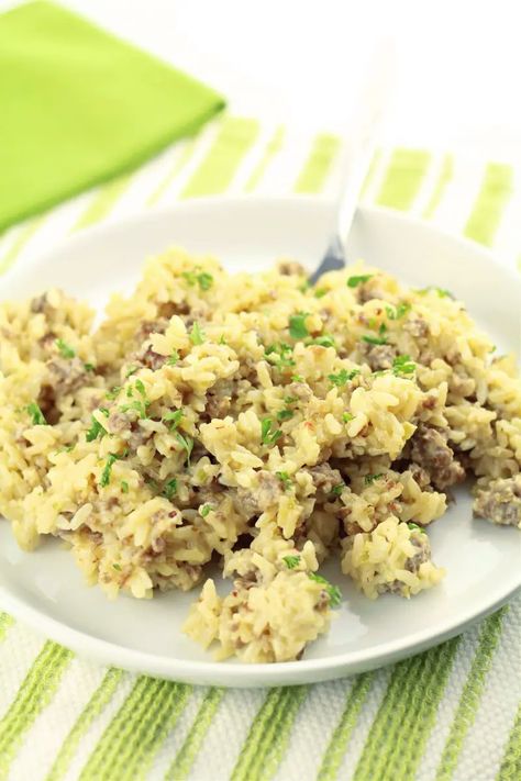 Jailhouse Casserole—seasoned rice with sausage, celery and onions. Make it fast in your Instant Pot and serve it as the main dish or a side dish.