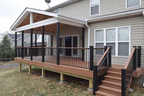 Pavilions - California Custom Decks Deck With Covered Porch, Wrap Around Deck Ideas Layout, Deck Half Covered, Half Covered Half Open Deck, Back Deck With Roof Ideas, Covered Deck Inspiration, Black Covered Deck, Half Covered Deck Ideas, Tiki Torch Trex Decking