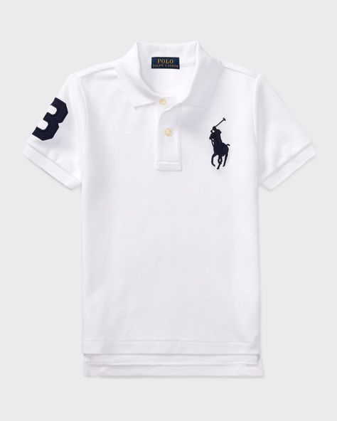 Ralph Lauren Childrenswear pique knit polo. Twill "3" appliqué at right sleeve.  Oversized logo embroidery at chest.  Spread collar; button placket.  Short sleeves; banded cuffs.  Highlow, side split hem.  Pullover style. Cotton. Imported. Suit Man, Designer Ralph Lauren, Mesh Shirt, Premium Brand, Ralph Lauren Kids, Ralph Lauren Boys, Brand Shirts, Knit Polo, Ralph Lauren Polo Shirts