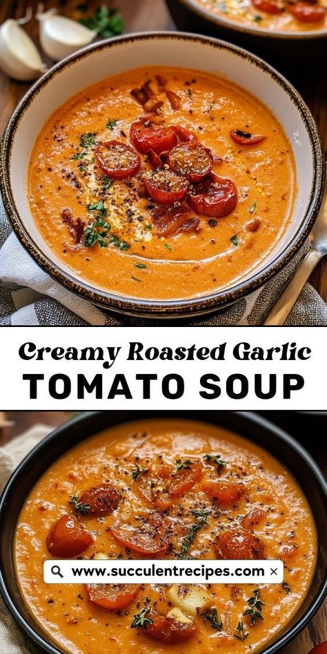 Comfort food at its best: Creamy Roasted Garlic Tomato Soup with deep, roasted flavors and a luscious, creamy finish! Meals With Roasted Tomatoes, Asiago Bisque Soup, Creamy Soup Recipes Vegetarian, Good Easy Soup Recipes, Cosy Soup Recipes, Tomato And Garlic Soup, Tomato Ginger Soup, Roared Tomato Soup, Creamy Roasted Garlic Tomato Soup