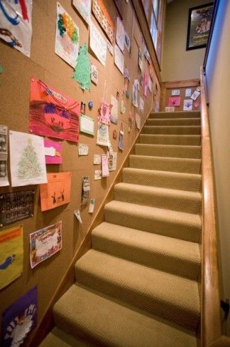 basement stairs? - fun wall to showcase kid's art Walls Design Ideas, Cork Walls, Cork Board Ideas, Cool Bulletin Boards, Fabric Corkboard, Cork Wall Panels, Cork Board Wall, Staircase Design Ideas, Walls Design