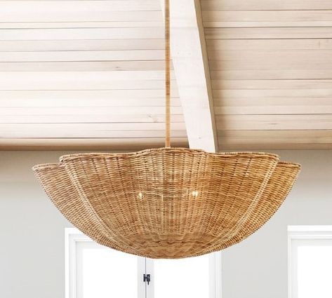 Ceiling Lights & Light Fixtures | Pottery Barn Rattan Chandelier Bedroom, Gold Pendant Lights Over Kitchen Island, Pottery Barn Pendant Lights, Woven Light Fixture, Wicker Light Fixture, Coastal Chandeliers, Cottage Nursery, Lights Over Kitchen Island, Coastal Chandelier