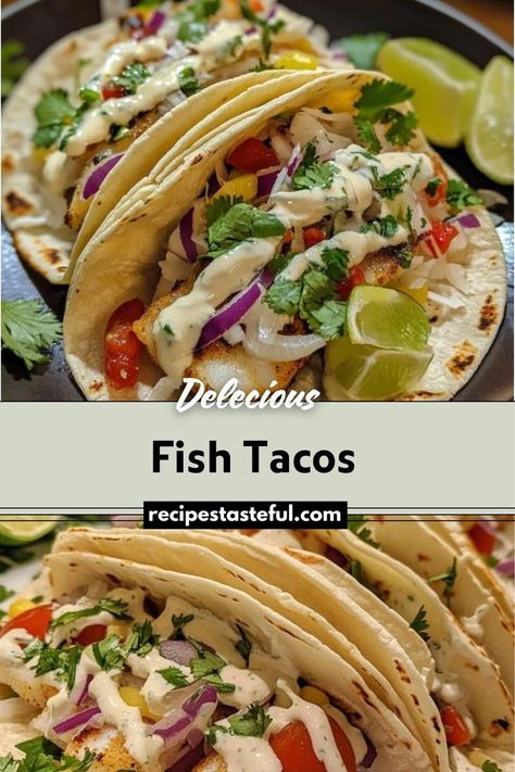 These Fish Tacos are a delicious and fresh twist on a classic, featuring tender, seasoned fish topped with crisp vegetables and a tangy garlic lime crema. The addition of creamy Cotija cheese and a squeeze of lime juice makes these tacos irresistible. Fish Taco Toppings, Fish Taco Sauce, Traditional Thanksgiving Recipes, Lime Crema, Creamy Avocado Sauce, Lime Cream, Easy Thanksgiving Recipes, Spicy Seasoning, Avocado Sauce