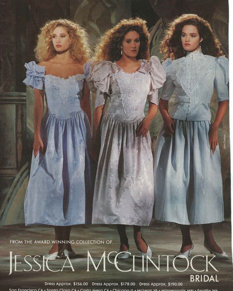 Jessica McClintock:  My wedding dress was the pale blue dress on the right but in ivory.  June, 1990 Pale Blue Dress, Pale Blue Dresses, Fashion 1990s, 80s Prom Dress, Jessica Mcclintock Dress, My Wedding Dress, 80s And 90s Fashion, 20th Century Fashion, Wedding Gowns Vintage