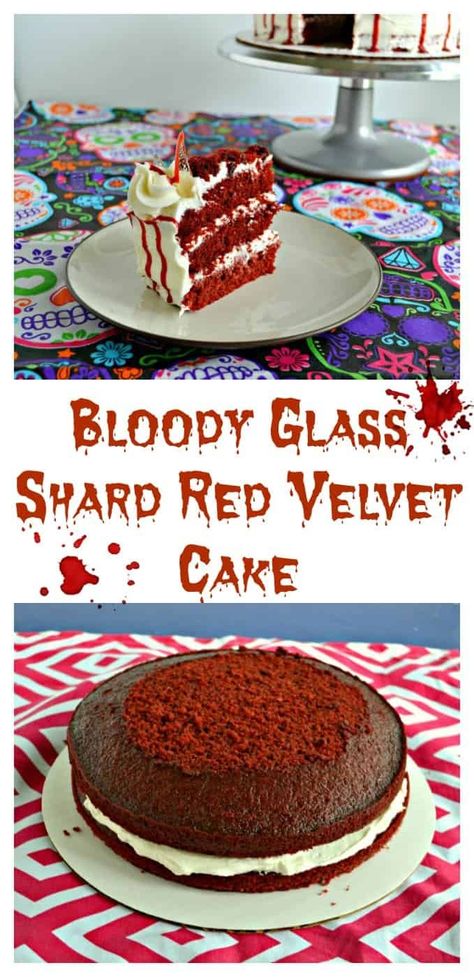 Red Velvet Cake topped with Bloody Glass Shard candy is a fun and spooky Halloween Cake. #cakerecipes #HalloweenRecipes #redvelvetcake | Red Velvet Cake | Cake Recipes | Dessert Recipes | Halloween Recipes | Glass Shards Dessert | Bloody Desserts Fandom Cakes, Dessert Recipes Halloween, Fluffy Buttercream Frosting, Fluffy Buttercream, Valentine's Day Cakes, Chicory Recipe, Halloween Food Desserts, Glass Shards, Trifle Pudding