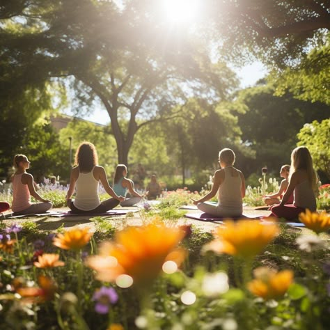 Outdoor Yoga Session: A group of individuals engage in a tranquil yoga session amidst vibrant flowers under sunlight. #yoga #wellness #nature #flowers #outdoors #tranquility #health #sunlight #aiart #aiphoto #stockcake https://ayr.app/l/oS3i Yoga Teaching Aesthetic, Yoga Aesthetic Nature, Yoga Vision Board, Retreat Aesthetic, Nature Workout, Yoga In Nature, Workouts For Strength, Yoga Flowers, Group Workout