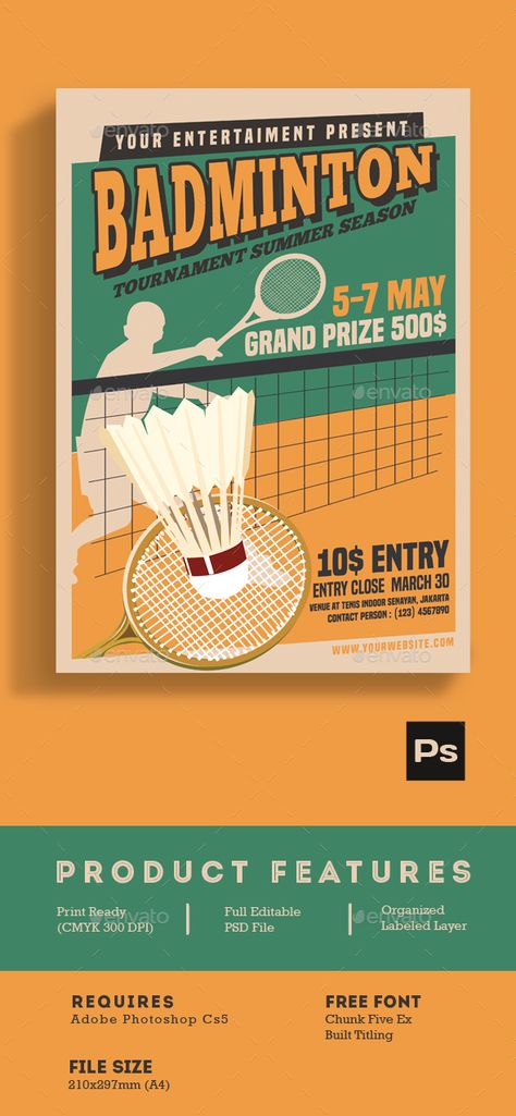 Badminton Tournament Vintage Style Vintage style and unique flyer, poster, invitation design for your next Event, Easy to modify, change colors, text.  FeaturedA4 Size (210297mm) bleed 100 CMYK print Ready 300 Dpi Psd File Well Organized Layer Full Editable T Badminton Flyer Design, Badminton Competition Poster, Badminton Tournament Poster Design, Sports Competition Poster, Badminton Tournament Poster, Badminton Poster Design, Vintage Poster Design Retro, Competition Poster Design, Badminton Design