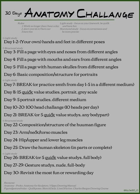 Headline "30 day anatomy challenge"
Day 1-2: (Your own) hands and feet in different poses

Day 3: Fill a page with eyes and noses from different angles
Day 4: Fill a page with mouths and ears from different angles
Day 5: Fill a page with human skulles from different angles
Day 6: Basic composition/structure for portraits

Day 7: BREAK (or practice smth from day 1-5 in a different medium)
Day 8: 15 quick value studies, portrait, grey scale
Day 9: 5 portrait studies, different medium
Day 10-20: 10 Weekly Drawing Challenge, November Art Challenge 30 Day, Drawing 30 Day Challenge, 30 Day Tattoo Challenge, Anatomy Drawing Challenge, Fashion Drawing Challenge, 30 Day Anatomy Drawing Challenge, Art 30 Day Challenge, Anatomy Art Challenge