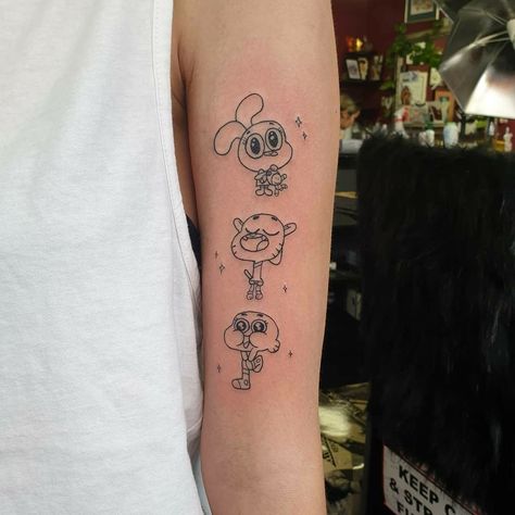 Toon World Tattoo, Amazing World Of Gumball Tattoo Ideas, Amazing World Of Gumball Tattoo, Minimal Spongebob Tattoo, Cartoon Theme Tattoo Sleeve, Cartoon Network Tattoo Ideas Sleeve, 90s Cartoon Tattoos Ideas, Darwin Tattoo, 90s Cartoon