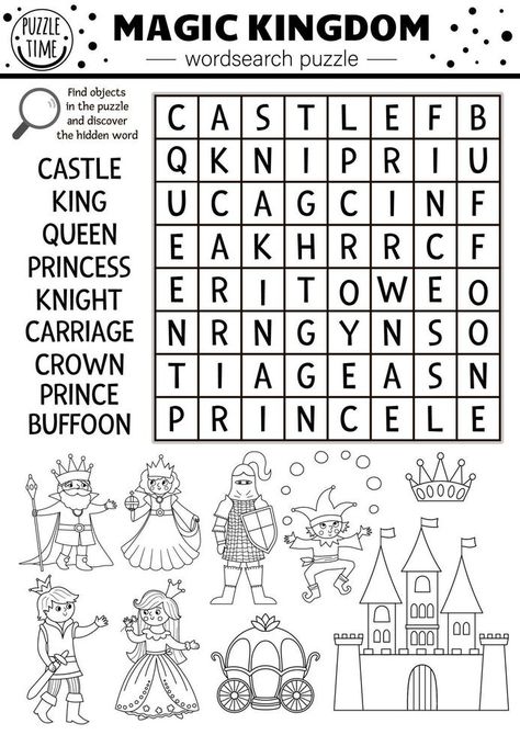 Vector fairytale black and white wordsearch puzzle for kids. Magic kingdom crossword or coloring page with fantasy creatures. Activity with knight, castle, princess, king. Fairy tale cross word Fairy Tale Word Search, Fairytale Worksheets, Fairytale Coloring Pages, Fairytale Activities, Fairy Tales Activities, Cross Word, Princess Activities, Character Worksheets, Fairy Tale Activities