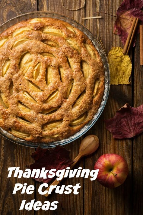 Apple pie with a cut out crust and the words "Thanksgiving pie crust ideas." Pie Crust Decorations Ideas, Pie Crust Cutouts, Pie Crust Decorations, Thanksgiving Pie Crust, Pie Crust Ideas, Double Crust Apple Pie, Crust Designs, Decorative Pie Crust, Pie Crust Designs