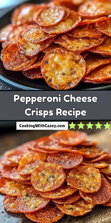 Crispy, cheesy, and loaded with savory pepperoni flavor, these three-ingredient cheese crisps are the perfect keto snack or appetizer. Easy to make, gluten-free, and great as a crunchy salad topper!  Ingredients 1/3 cup grated cheddar cheese 1/3 cup grated mozzarella cheese 12 slices pizza pepperoni These quick and savory crisps are deliciously crunchy with a gooey cheese center. Perfect for satisfying cravings or adding a flavorful crunch to your meal! Pepperoni Snacks, Pepperoni Crisps, Pepperoni Appetizers, Crockpot Italian Chicken, Pepperoni Bites, Keto Pepperoni, Pepperoni Recipes, Pizza Chips, Carnivore Diet Recipes