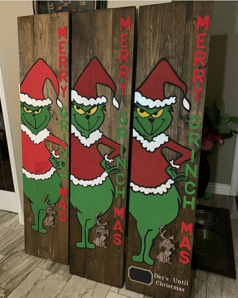 Grinch Porch Decorating Ideas, Grinch Painting On Wood, Grinch Welcome Board, Grinch Signs Wooden, Grinch Porch Leaner, Grinch Wood Crafts, Grinch Wooden Signs, Grinch Welcome Sign, Grinch Signs Wooden Diy