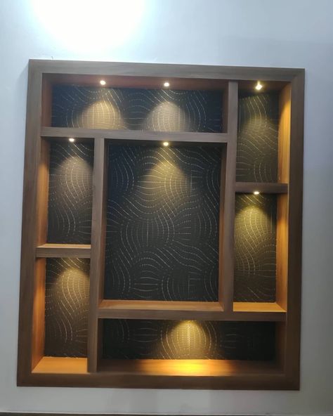 Interior Showcase Design, Wooden Work On Wall, Dining Showcase Design, New Model Showcase Designs, Cupboard With Showcase On Wall, Home Showcase Design, Showcase Cupboard Design, Dining Wall Shelves, Awards Shelf Ideas