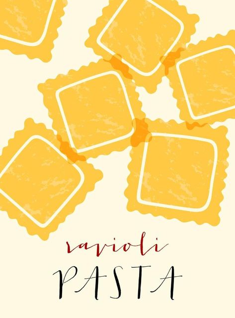 Ravioli Italian pasta. Ravioli poster illustration. Modern print for menu design, cookbooks, invitations, greeting cards. Pizza Menu Design, Pasta Ravioli, Pasta Brands, Food Collage, Recipe Book Design, Italian Greetings, Pasta Art, Pasta Italiana, Restaurant Poster