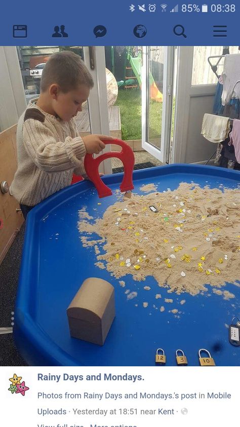 The Big Ship Sails Tuff Tray, Pirates Tuff Tray Ideas, Pirates Eyfs Activities, Eyfs Seaside Topic, Sand Tray Eyfs, Beach Role Play Eyfs, Beach Eyfs Activities, Pirate Eyfs, Beach Eyfs