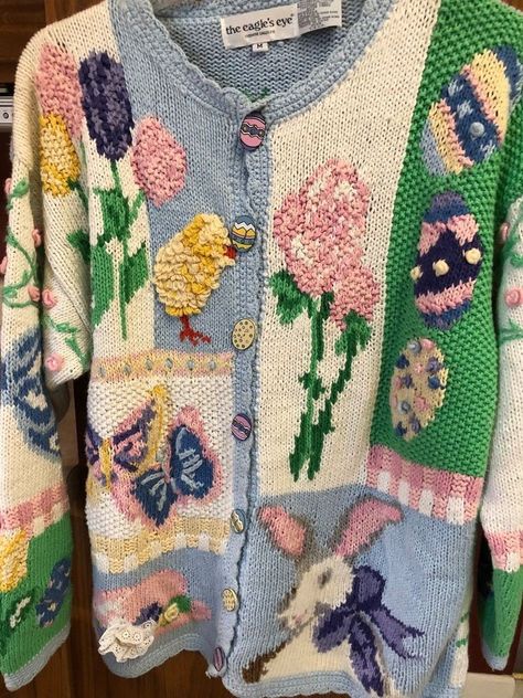 Eagle's Eye Knit Cardigan Sweater Easter Bunny Chick Tulips Button Front Eggs #EaglesEye #Cardigan #easter #eBay Vintage Novelty Sweater, Bunny Cardigan, Easter Sweater, Reselling Business, What To Sell, Funky Outfits, Thrift Store Finds, Women's Sweaters, Cool Sweaters