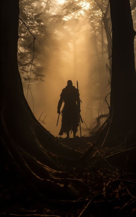 Amidst rising smoke and dense forest, the powerful silhouette of an ancient warrior with mask and spear emerges like a vision from the past. Mirror Mask, Hood Style, Ancient Warrior, Dense Forest, Style Character, Last Stand, Anti Hero, Black Gloves, Aesthetic Dark