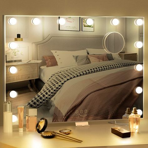 BESTOPE Vanity Mirror with Lights Hollywood Mirror Lighted Vanity Mirror for Bedroom,USB A and USB C Outlet with Phone Holder,24x20 Inch,Touch Control,Sturdy Metal Frame Design Hollywood Mirror With Lights, Hollywood Makeup Mirror, Vanity Mirror With Lights, Hollywood Vanity Mirror, Lighted Vanity, Hollywood Lights, Color Lights, Hollywood Mirror, Large Vanity