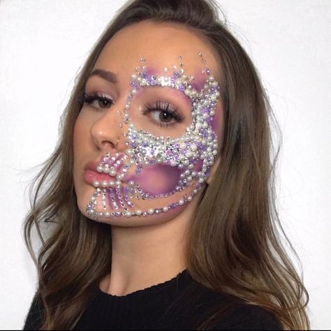 Rhinestone Skull Makeup, Glam Skull, Jewel Makeup, Rhinestone Halloween, Rhinestone Makeup, Skeleton Makeup, Jem And The Holograms, Skull Makeup, The Shape