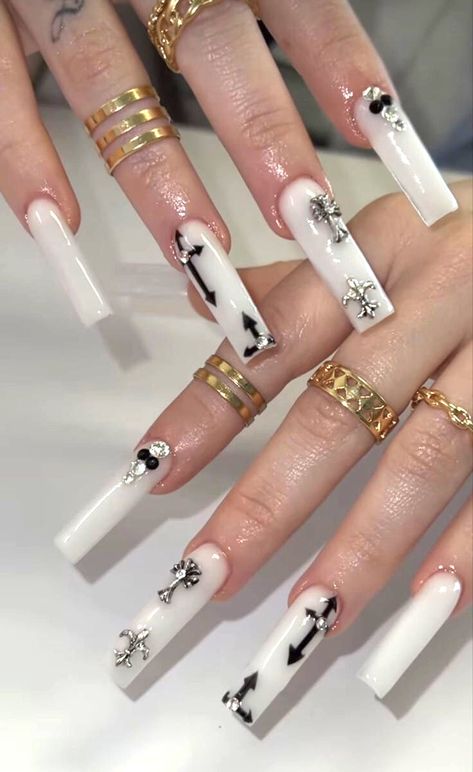 White Nails With Cross Design, Playboi Carti Nails, White Y2k Nails, Chola Nails Acrylic, Gang Nails, Angel Number Nails, White Halloween Nails, Pink Tip Nails, Rhinestone Nail Art