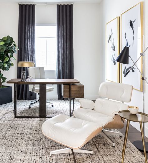 Home office design by Rebecca Ward Design | This contemporary office was inspired by the client's love for midcentury modern design and the zen design style. The white eames chair was the perfect addition! Zen Office Space, Modern Office Space Design, White Eames Chair, Zen Office, Lounge Chair And Ottoman, Modern Office Space, Office Space Design, Zen Design, Ottoman Design