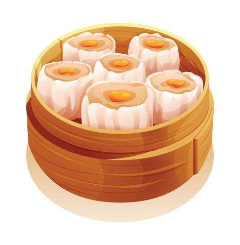 Dim Sum in a bamboo steamer. Chinese food vector illustration Siomai Logo Design, Dim Sum Illustration, Bamboo Steamer, Food Vector, Food Ad, Vector Food, Amazing Life Hacks, Logo Food, Dim Sum