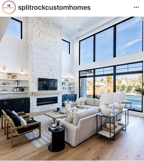 Fireplace Centered Between Windows, Fireplace On Back Wall With Windows, Great Room With Beams And Fireplace, Leaving Room Ideas Modern, Fireplace In 2 Story Great Room, Modern Beach Fireplace, Window Wall With Fireplace, Hi Ceiling Living Rooms, Living Room Designs Tv Over Fireplace