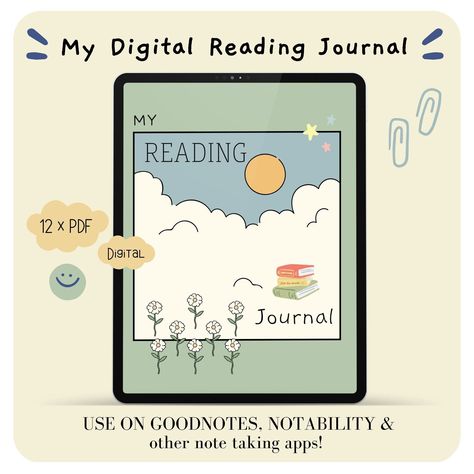 Digital reading tracker template in Goodnotes, cute and aesthetic design, for organizing and tracking progress. Free Digital Book Journal, Goodnotes Template Free Book Journal, Digital Book Journal Template, Reading Journal Digital Free, Reading Journal Cover Page, Reading Journal Cover, Reading Journal Goodnotes, Reading Journal Template, Reading Journal Printable