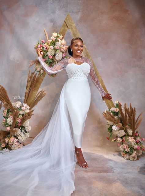 Simplicity is true elegance that never fades. This Classic Bridal Look mirrors a Lush, simple, yet premium dress made by The Feyi Agbaje. African Wedding Dresses For Women, Court Wedding Dress, Marriage Outfit, Civil Dress, African Wedding Dresses, Mikado Wedding Dress, Wedding Dresses For Women, Scarf Wraps, Bellanaija Weddings