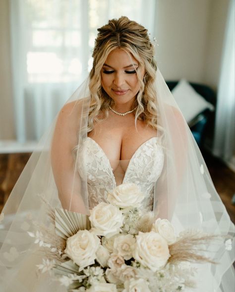 Bridal Hair & Makeup by @hair_beautybykrysta Bride Hair Plus Size, Curvy Bride Hairstyle, Bridal Hair Down Round Face, Chubby Face Hairstyles For Wedding, Plus Size Wedding Hairstyles Round Faces, Plus Size Bridal Makeup Looks, Square Face Wedding Hairstyles, Bridal Hair For Plus Size Bride, Wedding Hair Styles For Round Faces