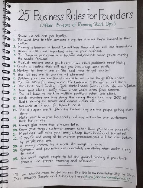 Chris Donnelly on LinkedIn: 25 Business Rules for Founders

After 15 years of Running… | 286 comments Business Plan Outline, Business Strategy Management, Business Rules, Business Ownership, Money Strategy, Successful Business Tips, Business Basics, Small Business Organization, Small Business Advice