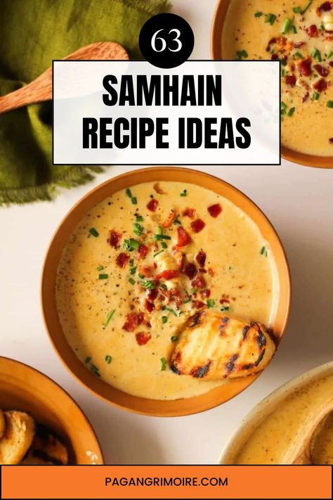 From apples and pumpkins to cranberries and cider, here are more than 50 Samhain recipes that incorporate traditional fall foods for the pagan holiday. #samhain #paganholiday #wicca #samhainrecipes Samhain Meals Dinners, Samhain Feast Recipes, Traditional Samhain Food, Halloween Feast Ideas, Samhain Food, Celtic Food, Samhain Celebration, Samhain Recipes, Pumpkin Pecan Cobbler