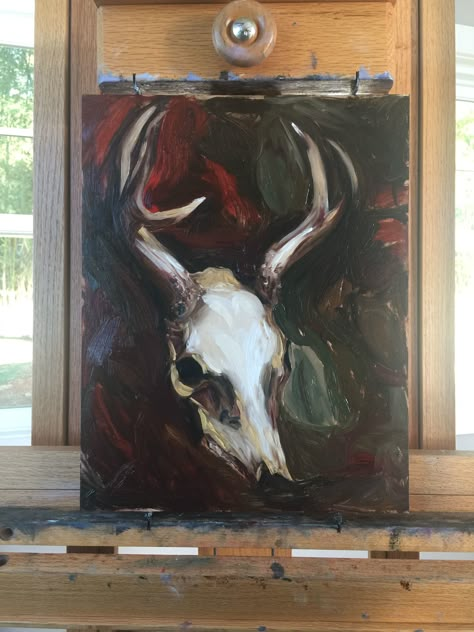 Dark Paint Aesthetic, Painting On Animal Skulls, Oddity Painting, Canvas Painting Ideas Dark, Gothic Painting Ideas On Canvas, Animal Skull Painting, Deer Skull Painting, Board Painting Ideas, Gothic Painting Ideas